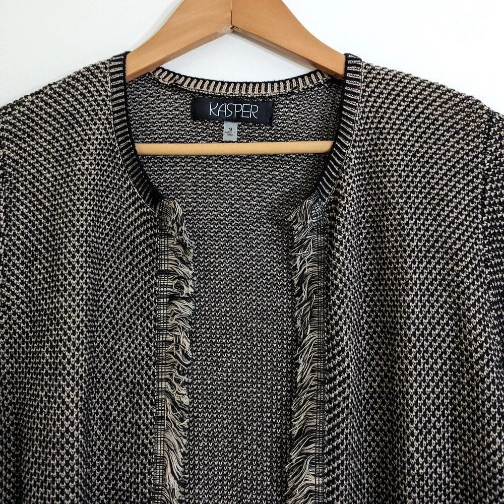 Kasper Cotton Popcorn Stitch Fringe Cardigan Sweater Tan/Black Tweed ‎ Size M